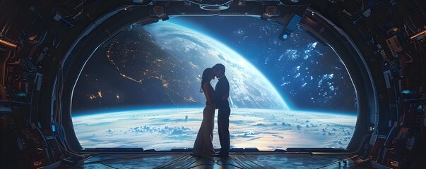 Canvas Print - Romantic Couple Embracing on Futuristic Space Station with Earth Visible Through Window