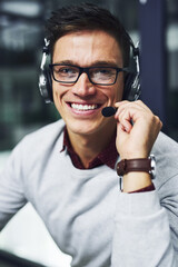 Poster - Call center, portrait and man with headset in office for customer care, advisory and help to clients. Happy, business agent and smile with mic at work for IT support, telecom and online consulting