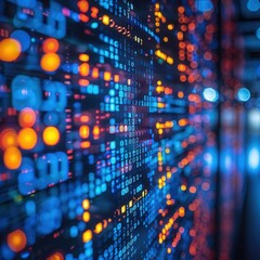 Computer screen with blue binary code, digital data flow, detailed closeup, bright and vibrant display