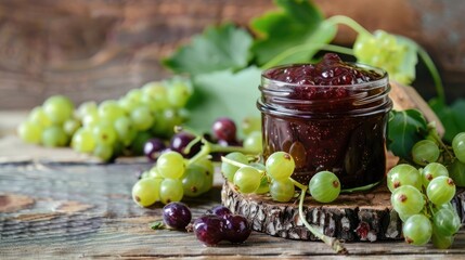 Sweet and healthy gooseberry jam in a glass jar on a wooden kitchen table. A nutritious vegan dessert. Homemade organic marmalade.