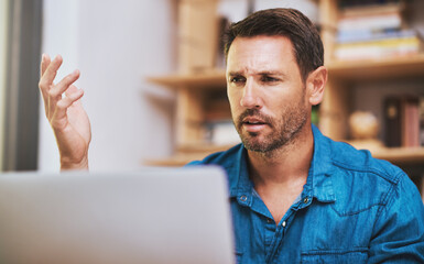 business man, laptop and frustrated in home for network glitch, connection and software error warnin