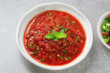 Wall Mural - red tomato chili sauce on light grey marble background