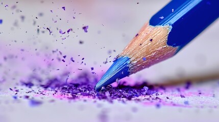 Acute purple blue pencil stands on a piece of paper, shavings fall from top in a free fall. The concept of idea creativity, education, inspiration writer or artist. Vibrant expressive artistic image. 