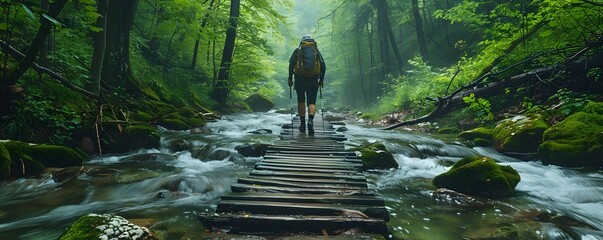 Canvas Print - Hiker Crossing Wooden Bridge Over Crystal Clear Stream In Lush Green Forest Landscape