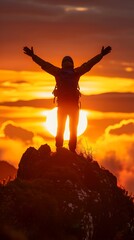 Poster - Hiker Silhouette Triumphant Sunset Landscape Mountain Scenic Adventure