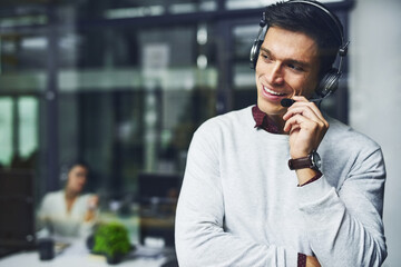 Poster - Telemarketing, man and consultant with microphone for customer service with communication and FAQ support. Call center, agent and telecom advisory with headphones, contact us and assistance at night