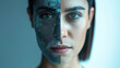 © Sunday Cat Studio - Close-up of a woman's face with digital interface overlay, representing artificial intelligence, technology, and human-machine integration.