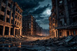© Alex Vog - Night cityscape of ruins damage city after doomsday, apocalyptic urban landscape. Scenery of apocalypse survivor, abandoned city, skyline. Global apocalyptic conflict concept. Copy ad text space