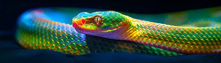 Poster - Neon Snake Coiled Ready to Strike on Dark Isolated Background