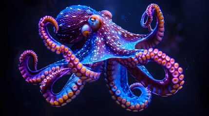 Wall Mural - Glowing Neon Octopus with Vibrant Tentacles Spread Against Dark Background