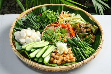 Wall Mural - Ulam mahu awet muda made of banana heart, peanut butter, japanese cucumber, petai, sink, pegaga,boiled okra, selom. potato sprouts, kaduk, jingling, eggplant, frog fairy, served in bamboo shoots table