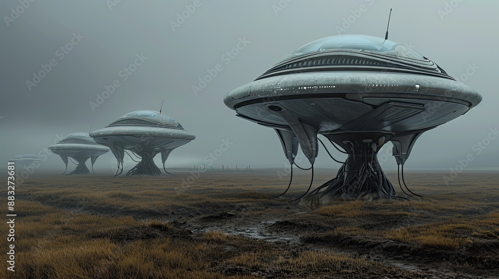 A cinematic, futuristic scene of several large alien spacecrafts ...
