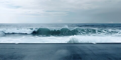 Wall Mural - Ocean view with big surfing waves under a slightly cloudy sky. Concept Ocean Waves, Surfing, Cloudy Sky, Scenic View, Nature Photography