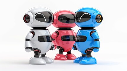 Three colorful, adorable robots standing together on a white background. The robots come in three distinct colors: white, pink, and blue - AI Generated Digital Art