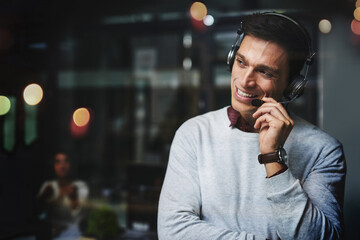 Wall Mural - Telemarketing, man and consultant with microphone for customer support with communication and FAQ service. Call center, agent and telecom advisory with headphones, mockup space and bokeh at night