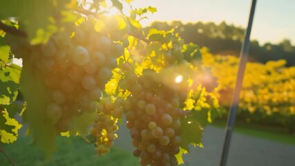 Wall Mural - Image of ripe yellow grapes hanging on a vine with green leaves.