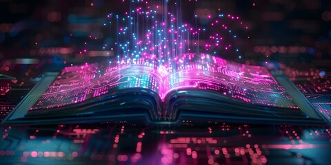 Wall Mural - Futuristic digital book with neon holographic design and circuit board effect. Concept Digital Design, Neon Aesthetics, Futuristic Technology, Holographic Effects, Circuit Board Graphics