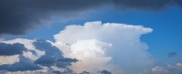 Wall Mural - sky panorama with big white heap of cumulus cloud and grey thunderclouds