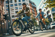 © tomlinson - Women riding electric bicycles in the city, enjoying a sunny day, wearing casual clothing and helmets, urban background