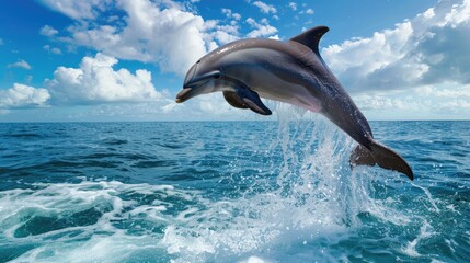 Wall Mural - Dolphins jumping out of the water with blue sky. Cute animal. Mammal 