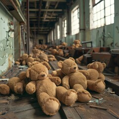 Poster - A bunch of teddy bears are laying on the ground in a room