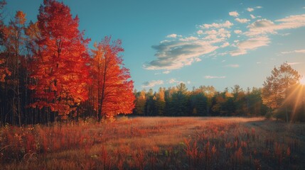 Colorful autumn landscape with trees displaying vibrant red, orange, and yellow foliage