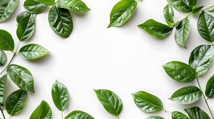 Beautiful composition layout, frame of fresh juicy textured green leaves with copy space, isolated on white background, flat lay, nature concept, close-up macro. 