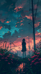 Poster - Lo fi anime style illustration with a lonely girl and night sky