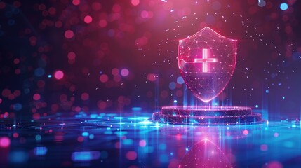 Wall Mural - Digital health symbol with glowing shield and cross, representing cybersecurity in healthcare with futuristic technology.