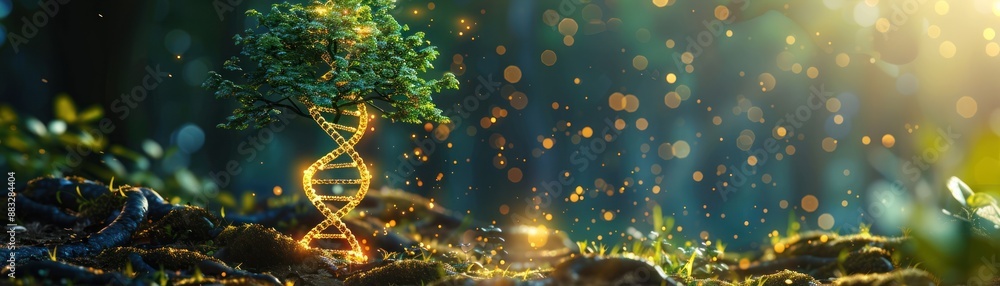 Magical tree with glowing DNA double helix in a forest, representing ...