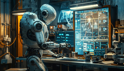 Futuristic Robot Working in High-Tech Laboratory with Advanced Computer Systems and Digital Interfaces