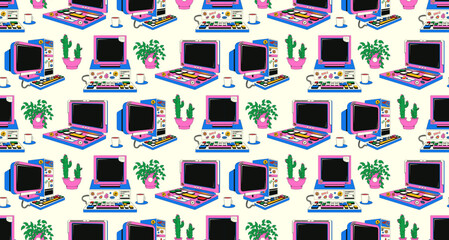 Seamless pattern with a desktop computer from the 80s and 90s. Vector background in y2k style with vintage computer and houseplants.