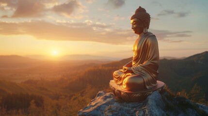 Wall Mural - Big Golden Buddha Statue on mountaintop in sunset