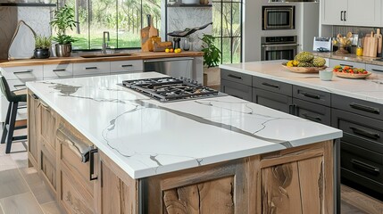 Wall Mural - Large kitchen with island surrounded by white quartzite countertops