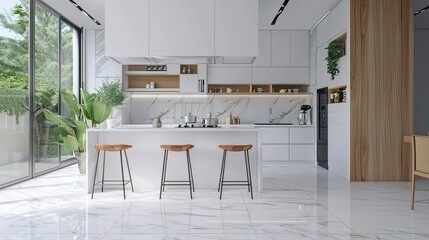 Wall Mural - Modern Kitchen Interior with Natural Light,Contemporary White Kitchen with Wooden Details 