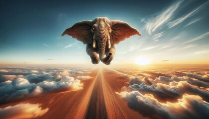 Flying Elephant Soaring Above the Clouds in a Surreal Sunset Sky - A majestic elephant flies above a sea of clouds during a vibrant sunset, creating a whimsical and surreal scene in the sky.