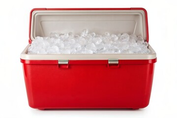 Cooler Box Filled with Ice Cubes - A red, plastic cooler box filled to the brim with white ice cubes, ready to chill and preserve beverages or food items for an outdoor activity, party, or travel.