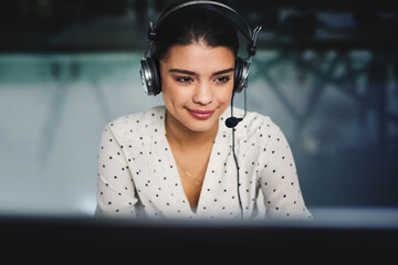 Poster - Business woman, agent and call center for customer support, helping and advice on e commerce catalog. Consultant at night with headphones and working on computer for fashion sales, FAQ or contact us