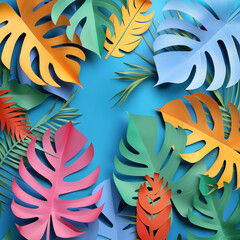 Poster - colorful cut out tropical leaves on blue background, paper art style Job ID