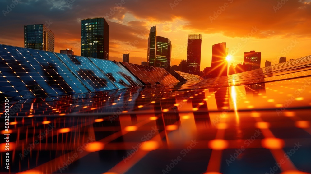 Solar Energy at Sunset, Rooftop solar panels reflecting city skyline ...