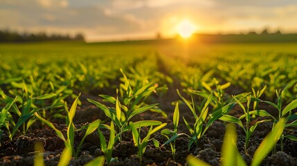 beautiful green field of young wheat in the morning at dawn in sunlight landscape, panoramic view. c