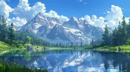 Wall Mural - Tranquil lake reflecting towering mountains