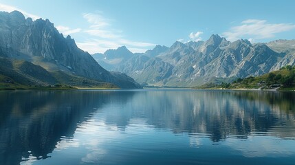 Wall Mural - Tranquil lake reflecting towering mountains