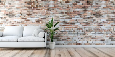 Wall Mural - Modern living room with brick wall central heating and green potted plant. Concept Living Room Design, Brick Wall Decor, Central Heating System, Indoor Plants, Modern Interior