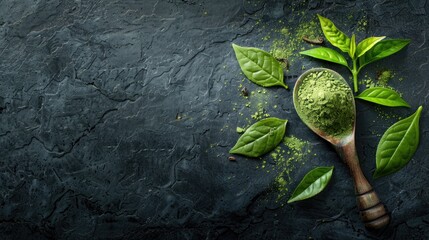 Spoon of matcha tea powder and leaves on dark background