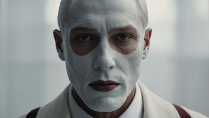 A man with white face paint and red lips, wearing a white coat, stares intensely at the camera, evoking a dramatic and enigmatic presence.
