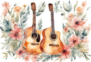 Canvas Print - surrounded watercolor olated leaves white background guitar acoustic flowers illustration instrument musical retro music clip art sound flower