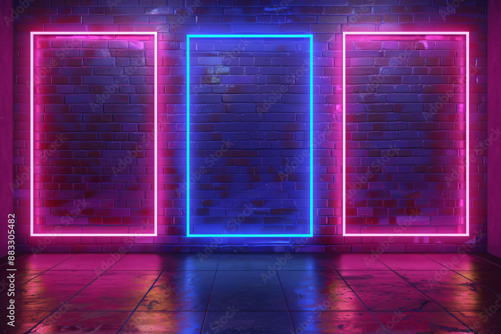 3d rendering of three neon frames on dark brick wall background with ...