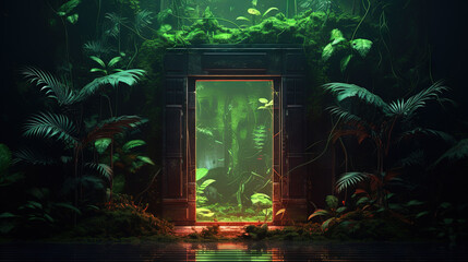 Sticker - Mysterious door or portal with neon light in the jungle in synthwave style.