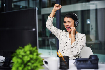 Poster - Call center, winning and woman at night in success, celebration or excited for target or telemarketing sales. customer service agent or consultant with fist, yes or cheers for bonus or job incentive